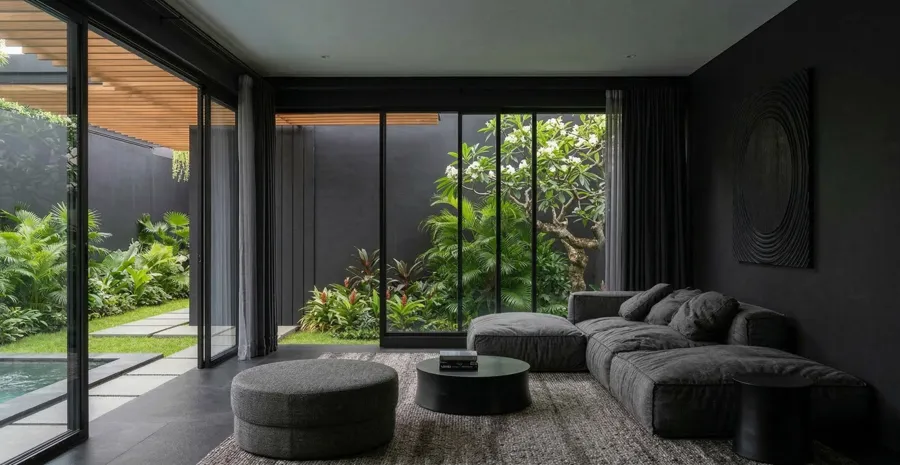 Modern living room rendered in a moody dark material palette