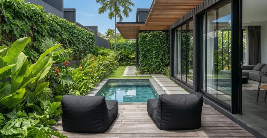 Private plunge pool and timber deck of a two-bedroom villa, option B